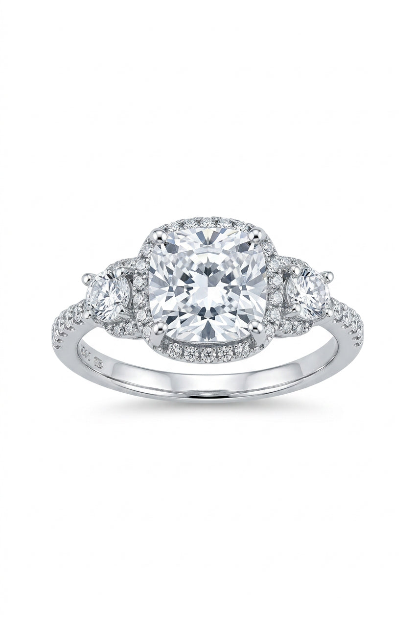 925 Sterling Silver Cushion-Cut Three-Stone Crystal Ring – Size 7