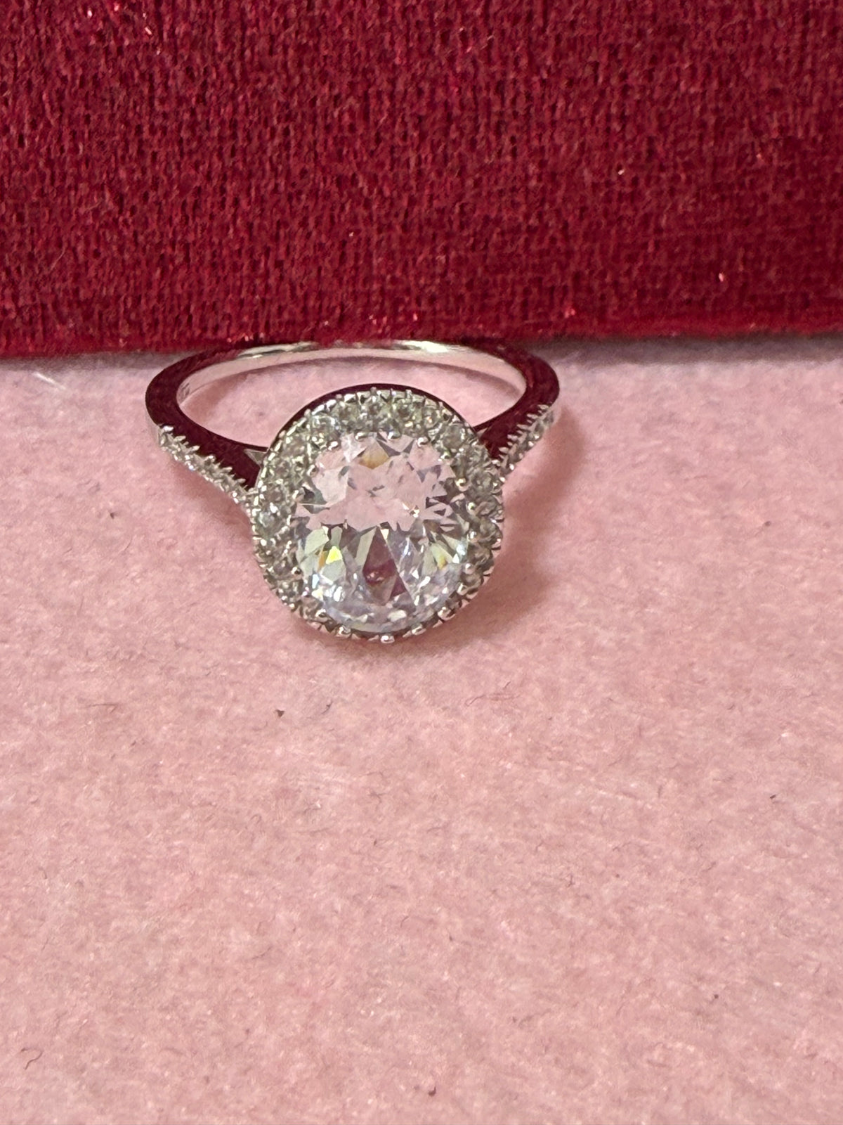 925 Sterling Silver Oval-Cut Crystal Halo Ring – Size 8
