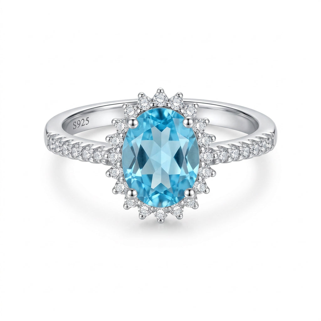 925 Sterling Silver Aquamarine Blue Oval-Cut Ring – Size 8