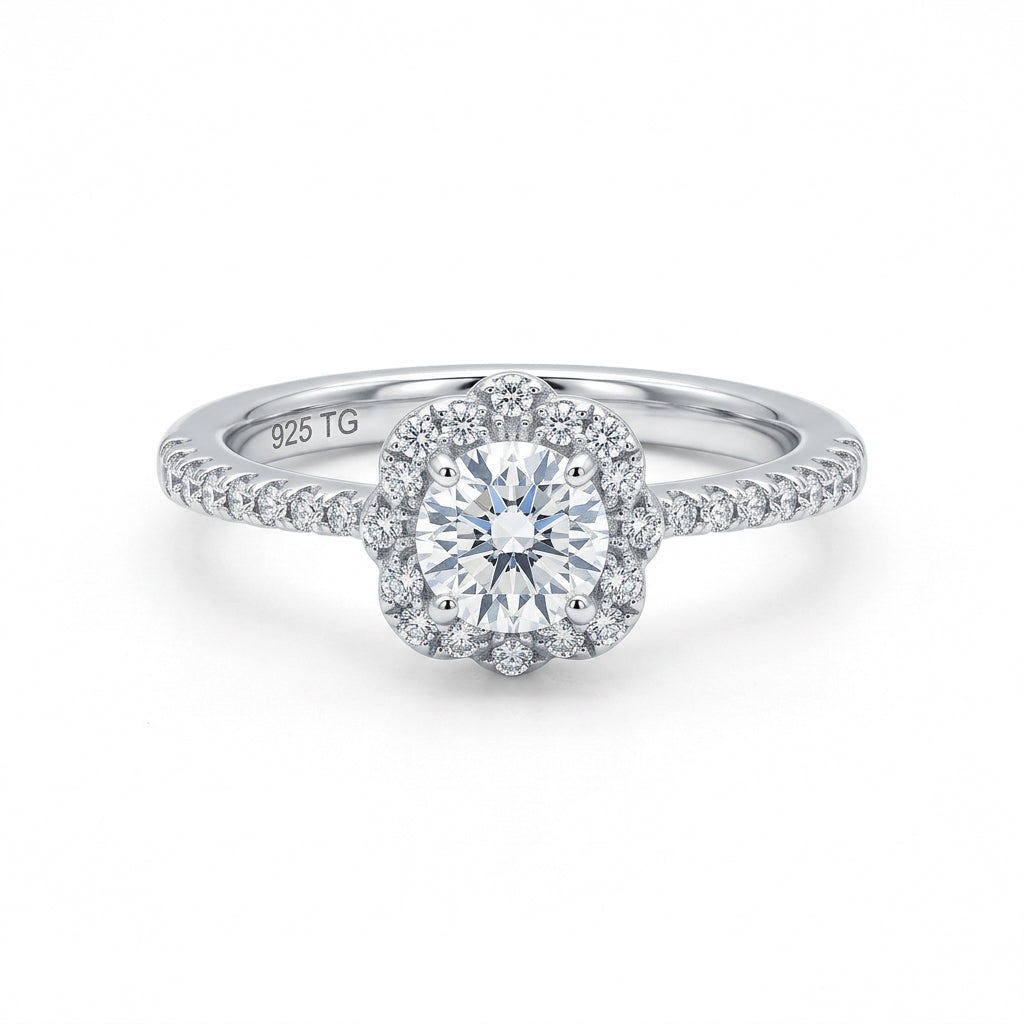 925 Sterling Silver Round-Cut Floral Halo Ring – Size 7