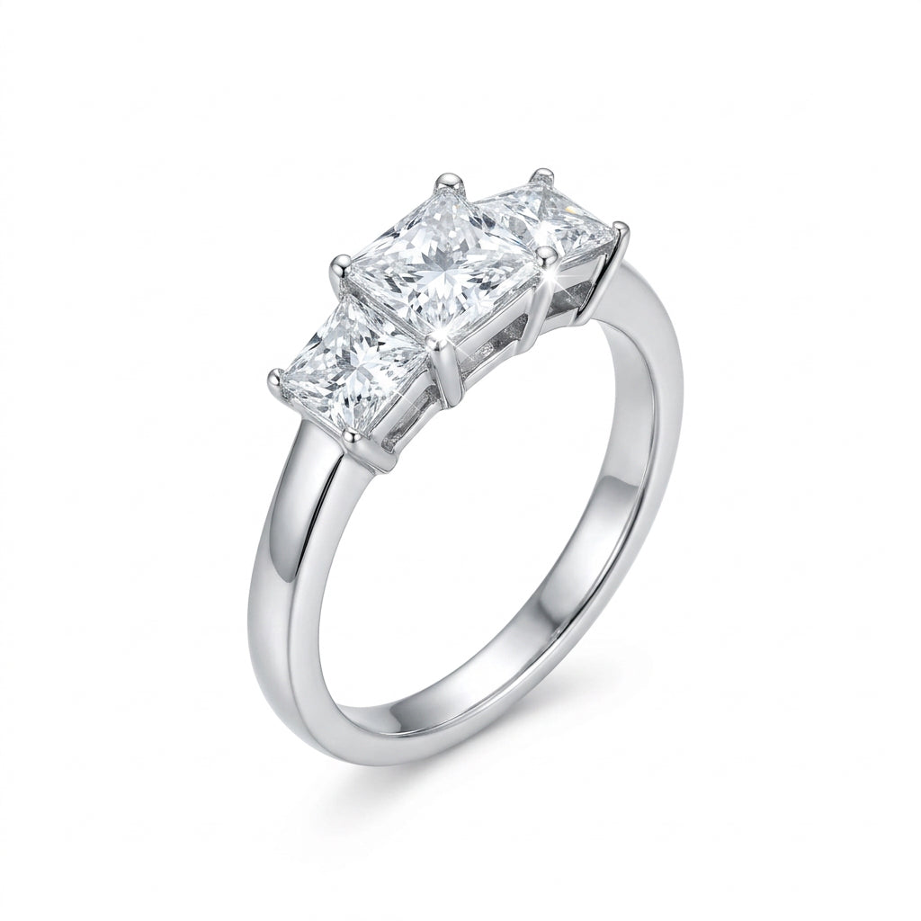 925 Sterling Silver Three-Stone Princess-Cut Ring – Size 8
