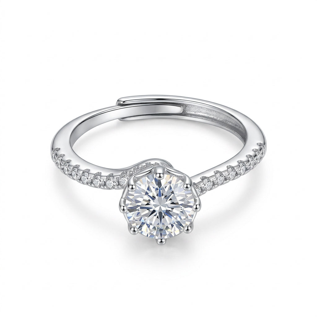 925 Sterling Silver Round-Cut Solitaire Ring with Sparkling Band – Adjustable