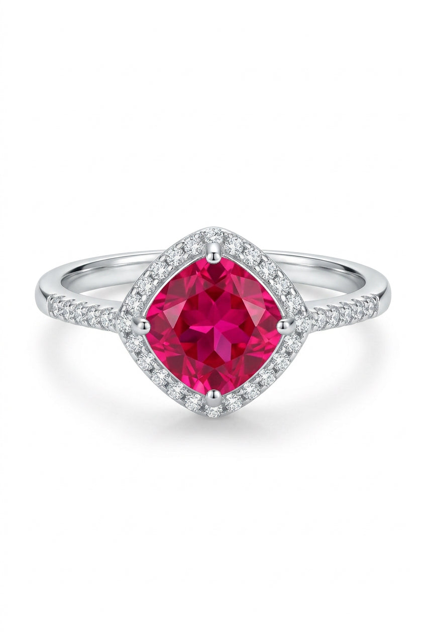 925 Sterling Silver Hot Pink CZ Halo Ring - Size 8