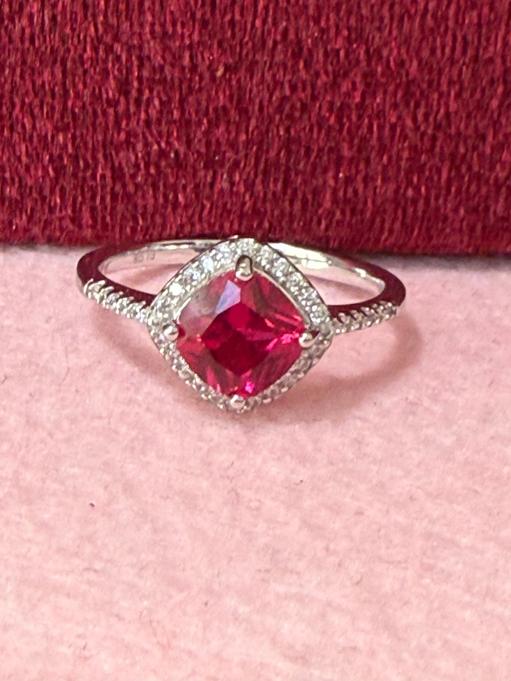 925 Sterling Silver Hot Pink CZ Halo Ring - Size 8
