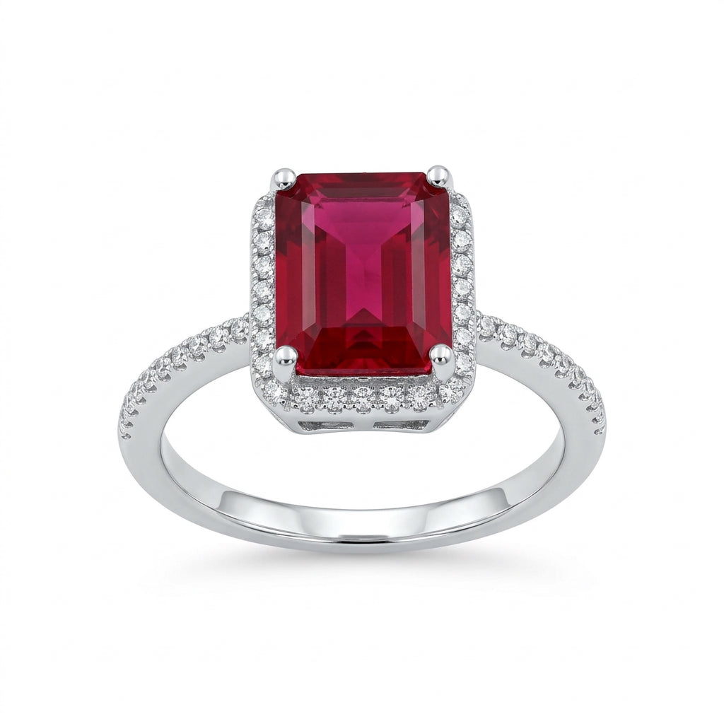 925 Sterling Silver Ruby Red Emerald-Cut Halo Ring – Size 7
