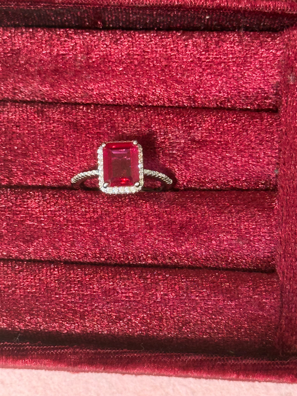 925 Sterling Silver Ruby Red Emerald-Cut Halo Ring – Size 7