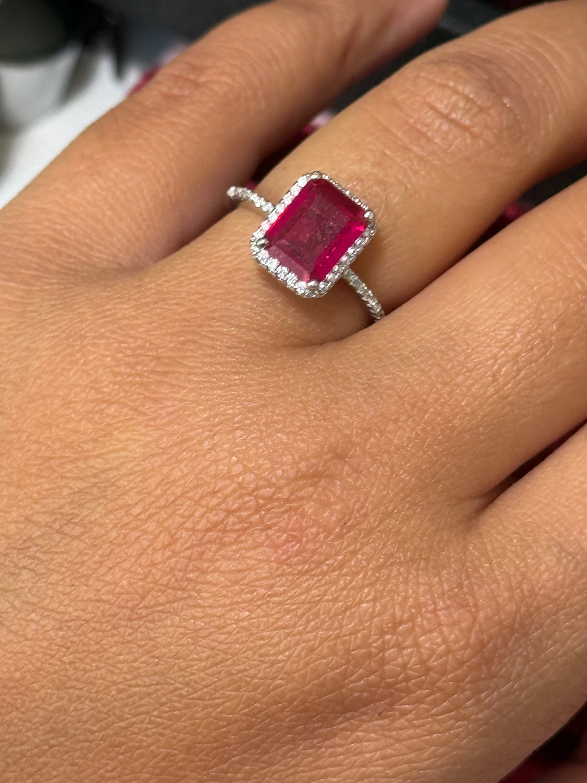 925 Sterling Silver Ruby Red Emerald-Cut Halo Ring – Size 7
