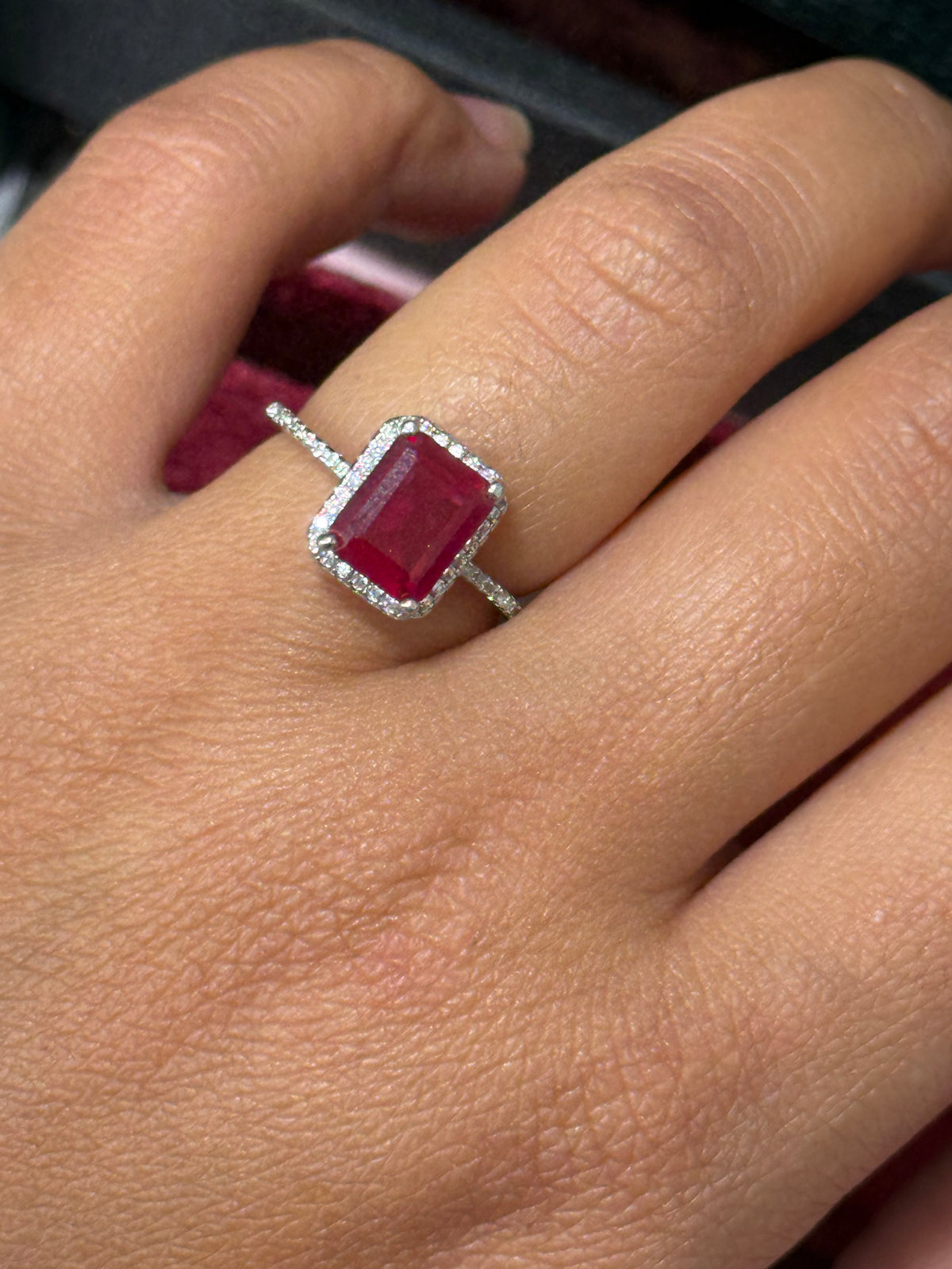 925 Sterling Silver Ruby Red Emerald-Cut Halo Ring – Size 7