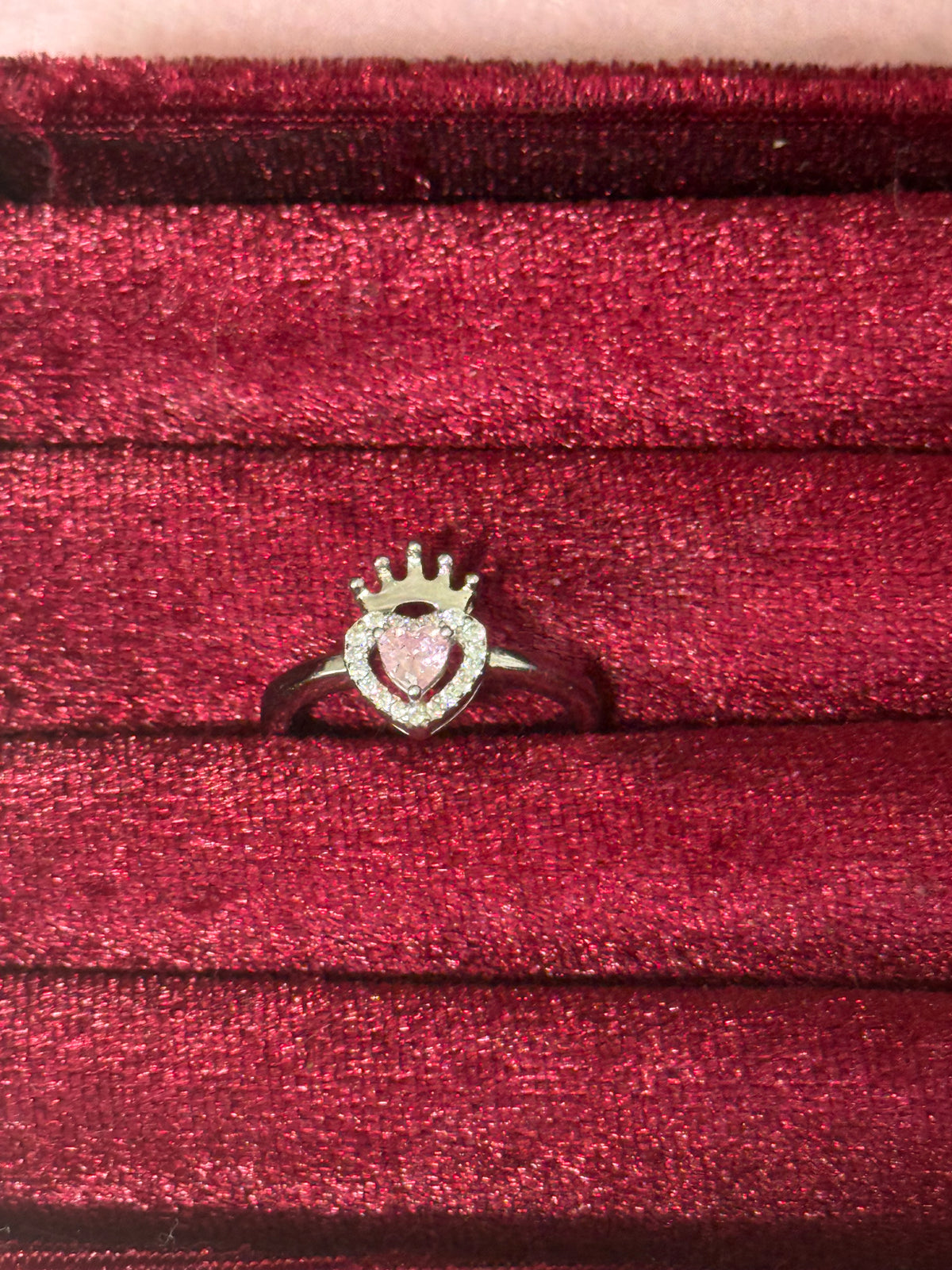 925 Sterling Silver Pink Heart Crown Ring – Size 7