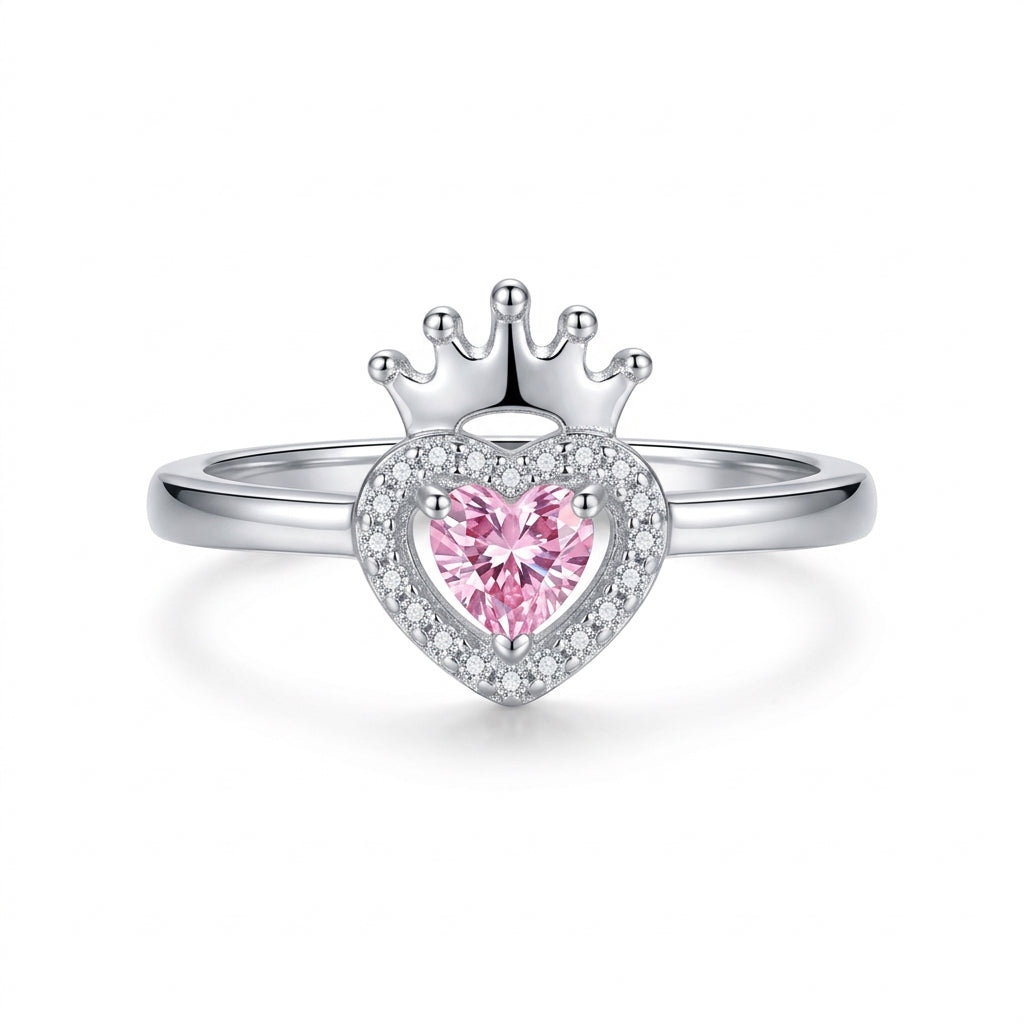 925 Sterling Silver Pink Heart Crown Ring – Size 7