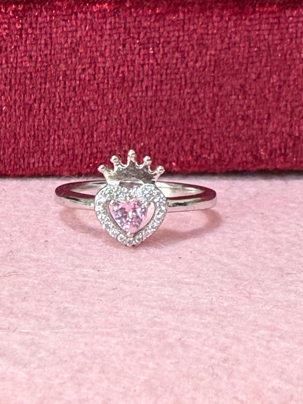 925 Sterling Silver Pink Heart Crown Ring – Size 7