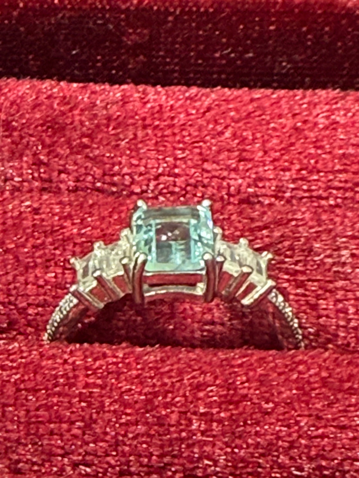 925 Sterling Silver Light Blue Emerald-Cut Three-Stone Ring – Size 7