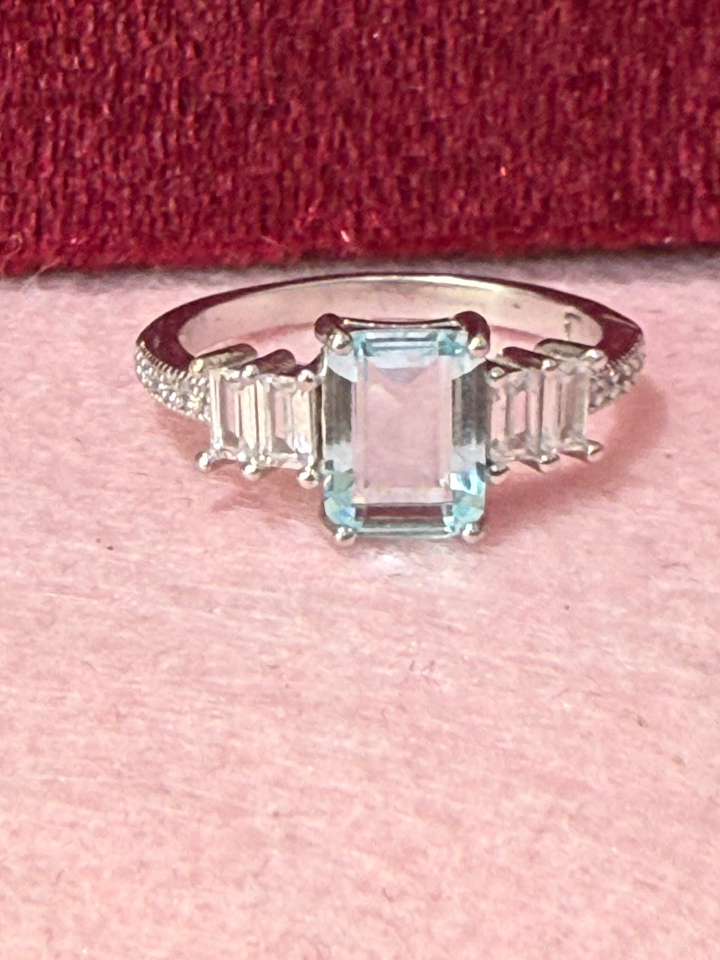 925 Sterling Silver Light Blue Emerald-Cut Three-Stone Ring – Size 7