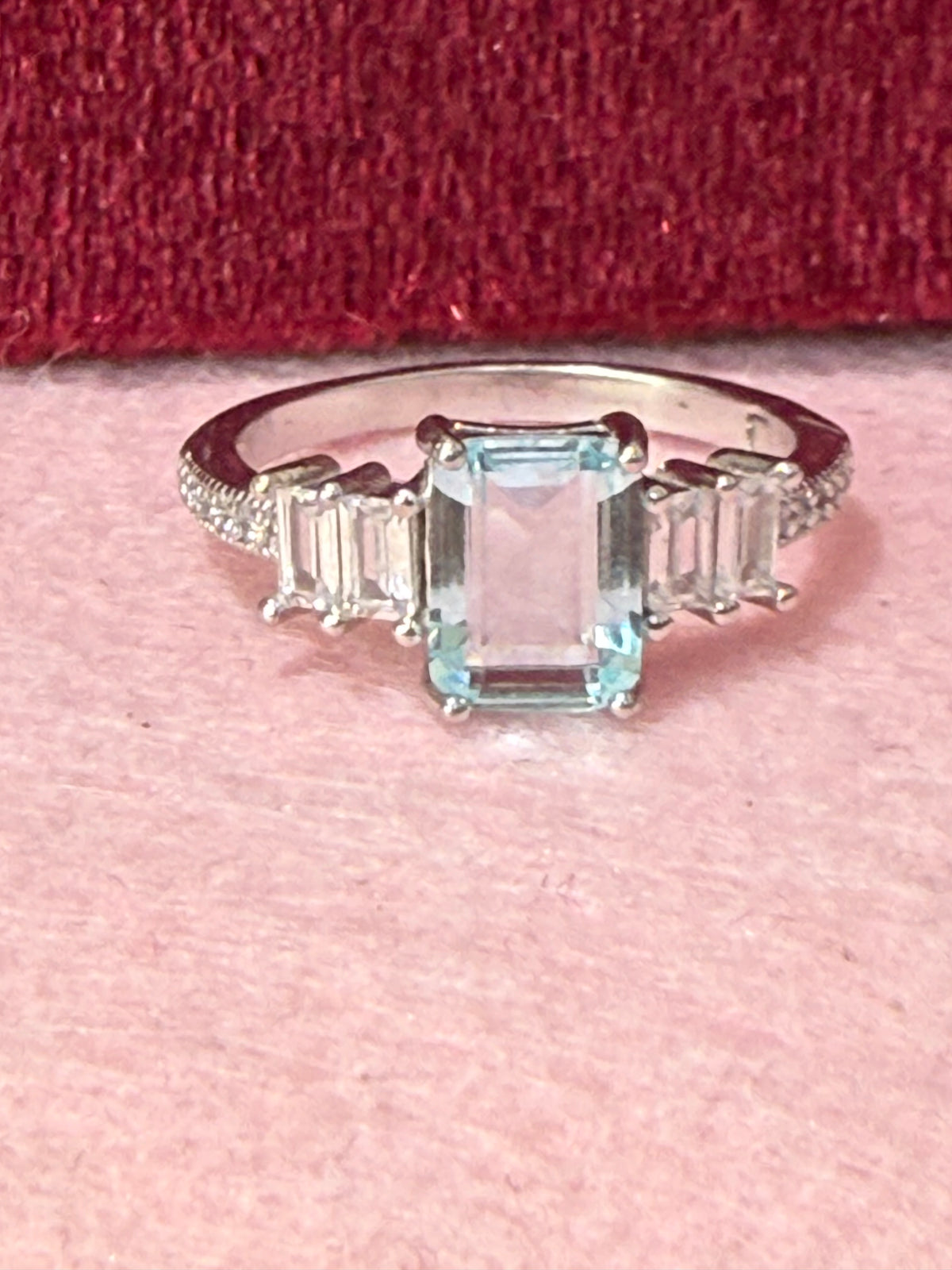925 Sterling Silver Light Blue Emerald-Cut Three-Stone Ring – Size 7