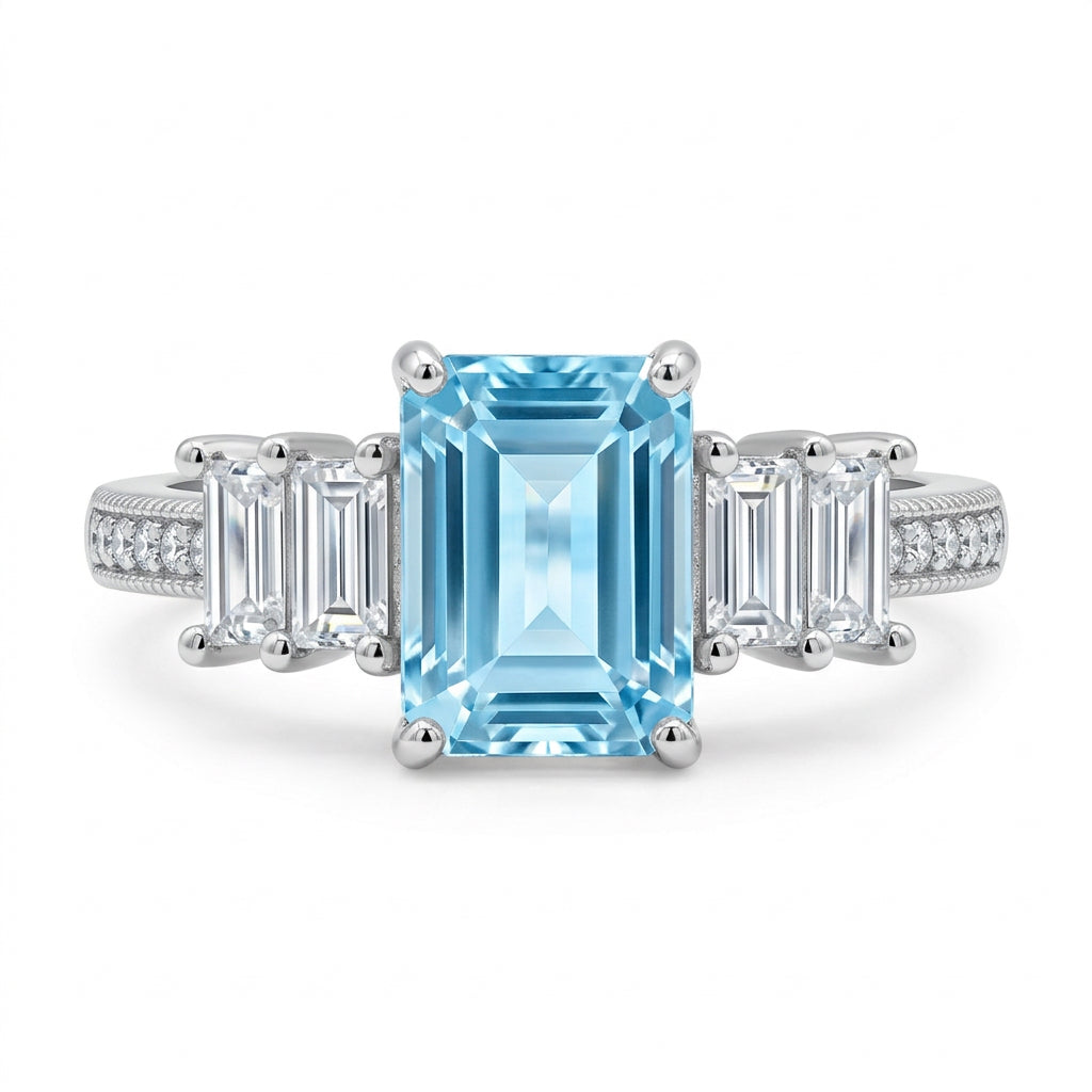 925 Sterling Silver Light Blue Emerald-Cut Three-Stone Ring – Size 7