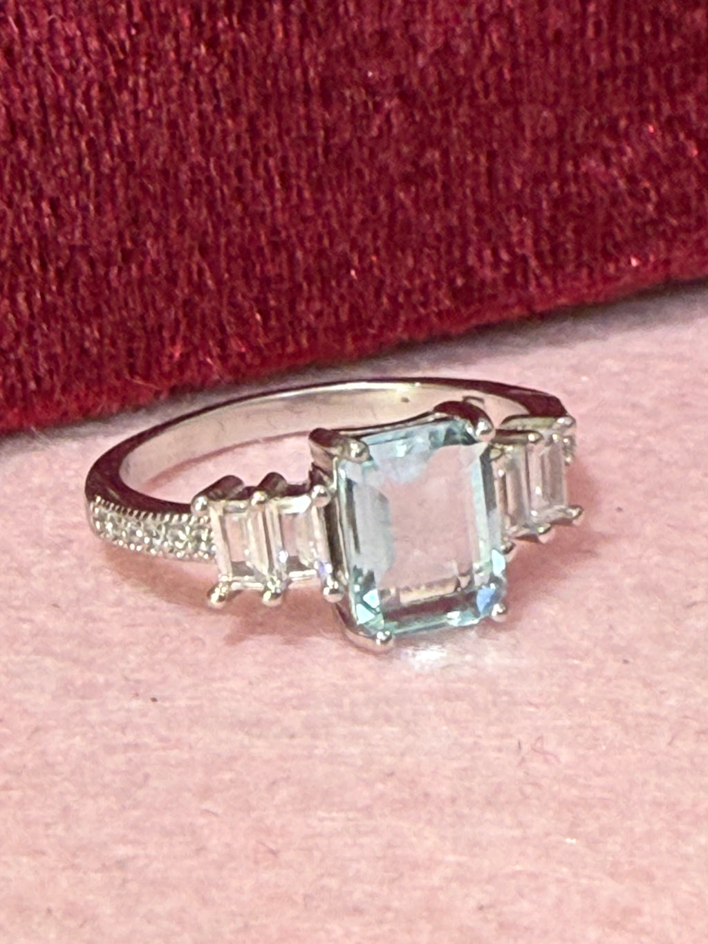 925 Sterling Silver Light Blue Emerald-Cut Three-Stone Ring – Size 7