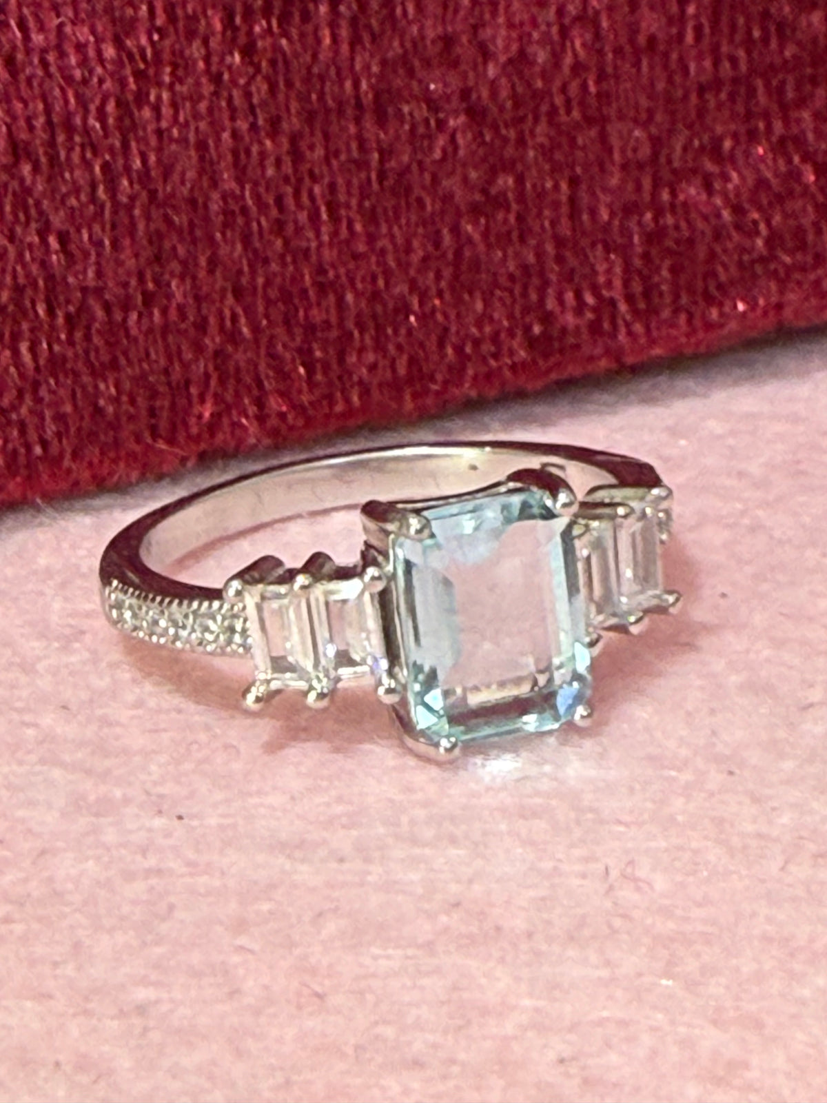 925 Sterling Silver Light Blue Emerald-Cut Three-Stone Ring – Size 7