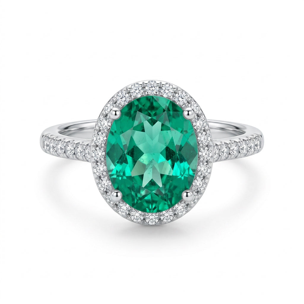 925 Sterling Silver Emerald Green Oval Halo Ring – Size 8.5