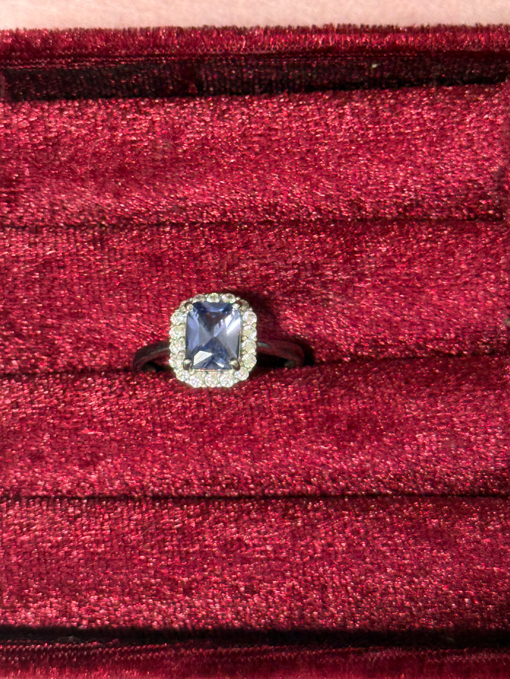 925 Sterling Silver Purple Emerald-Cut Halo Ring – Size 8