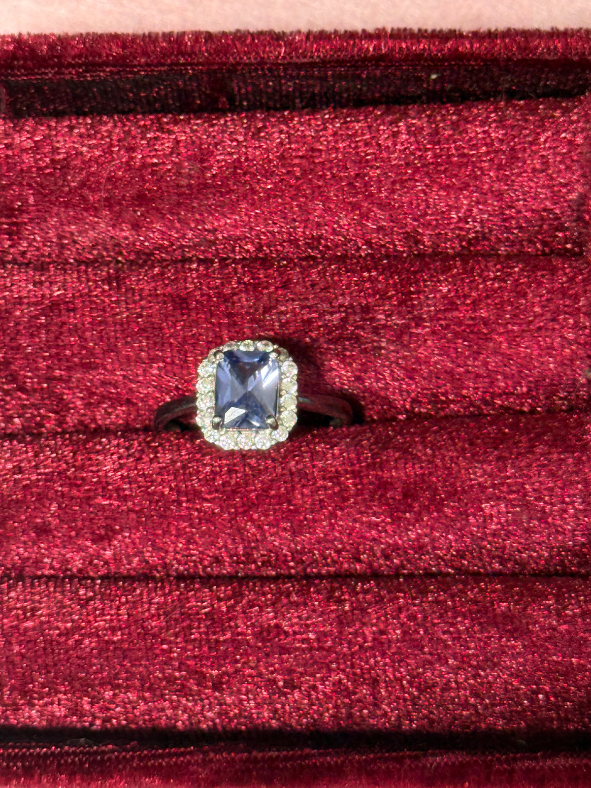 925 Sterling Silver Purple Emerald-Cut Halo Ring – Size 8