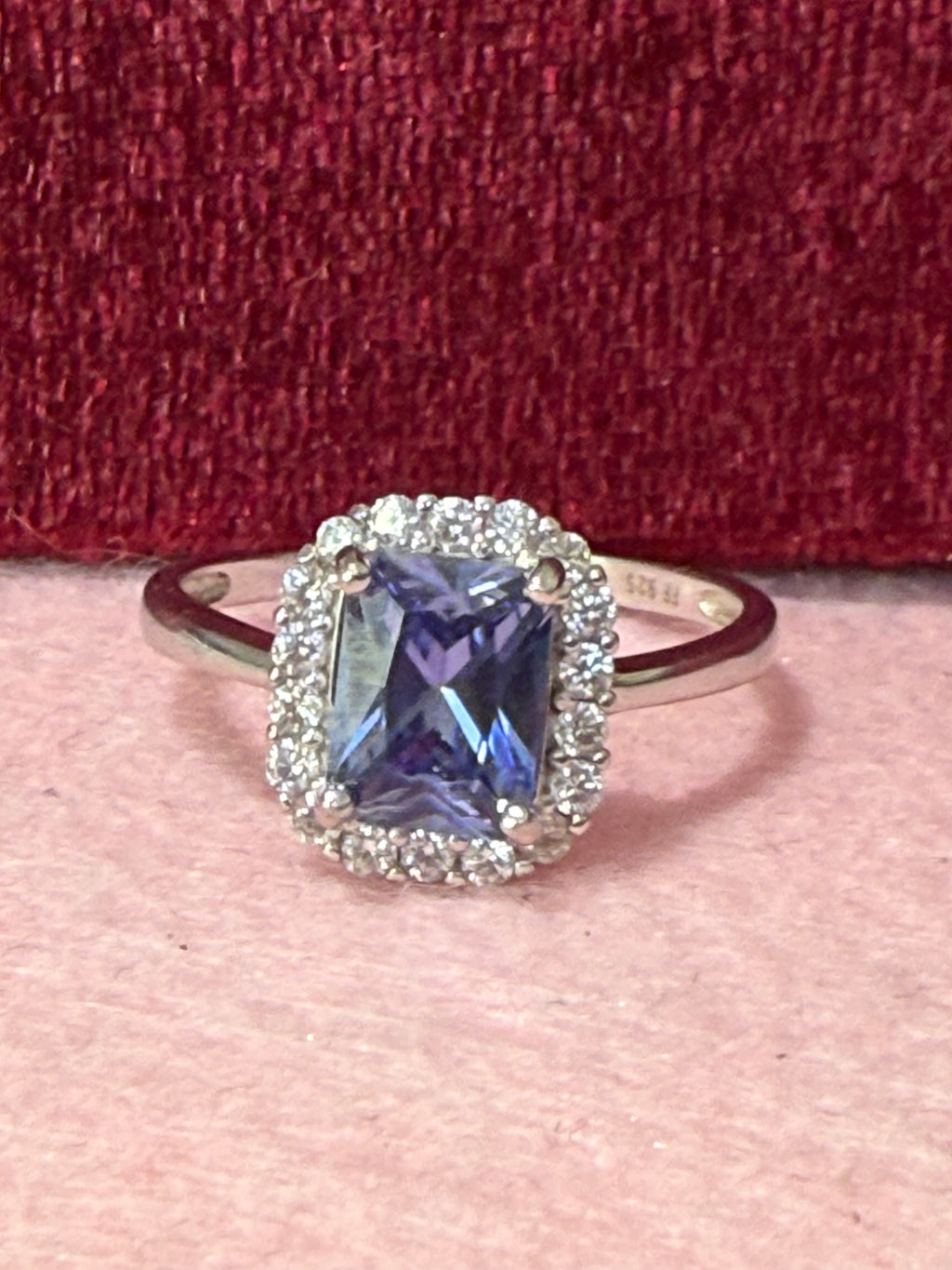 925 Sterling Silver Purple Emerald-Cut Halo Ring – Size 8