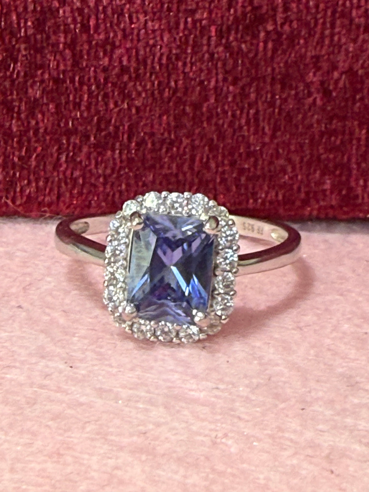 925 Sterling Silver Purple Emerald-Cut Halo Ring – Size 8