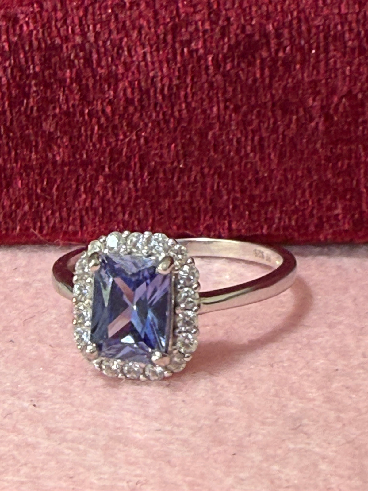 925 Sterling Silver Purple Emerald-Cut Halo Ring – Size 8