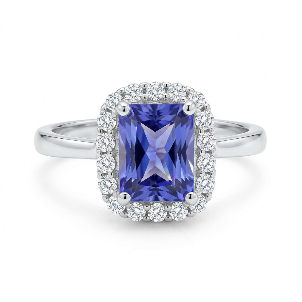 925 Sterling Silver Purple Emerald-Cut Halo Ring – Size 8