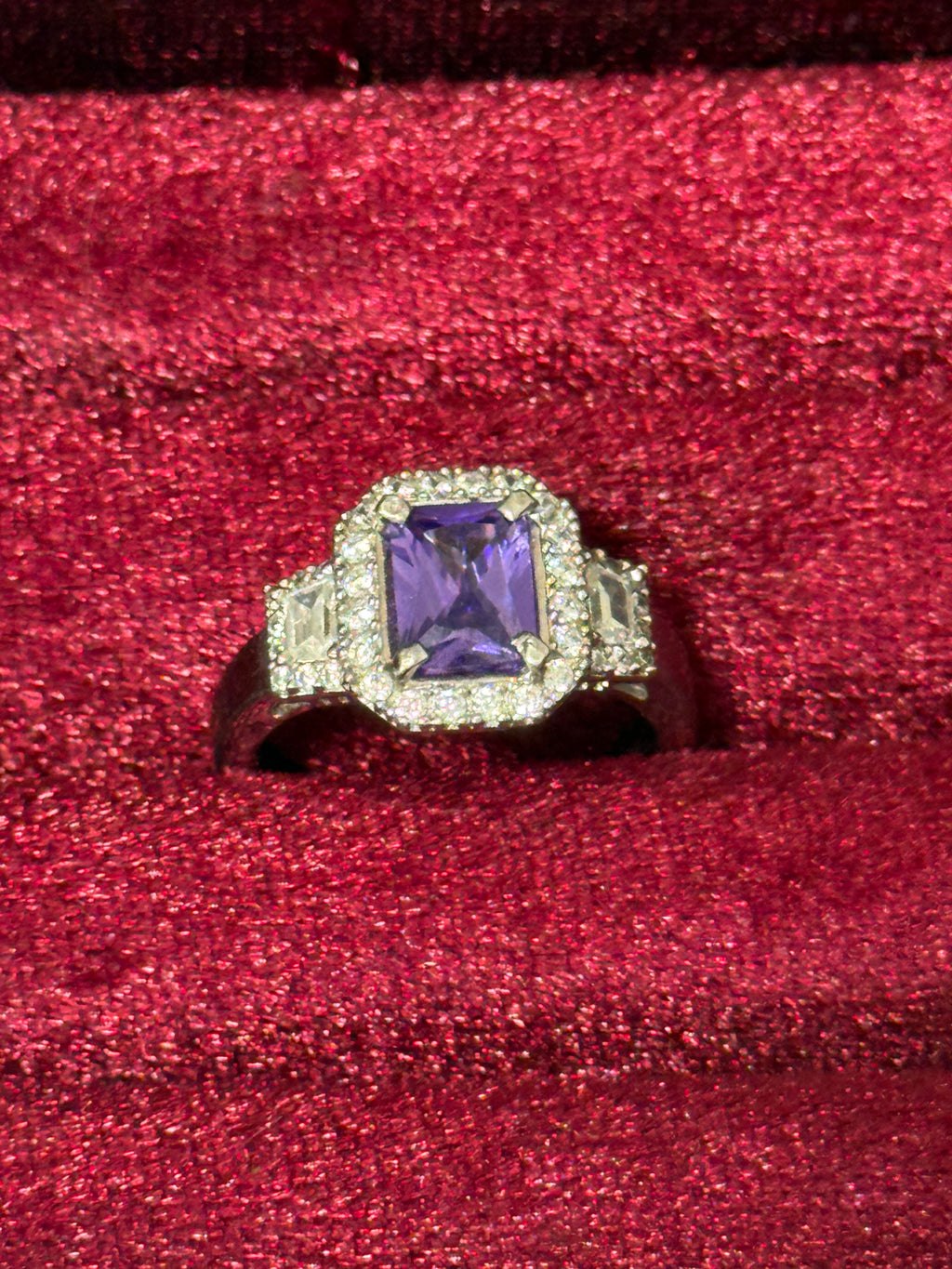925 Sterling Silver Purple Emerald-Cut Statement Halo Ring – Size 8
