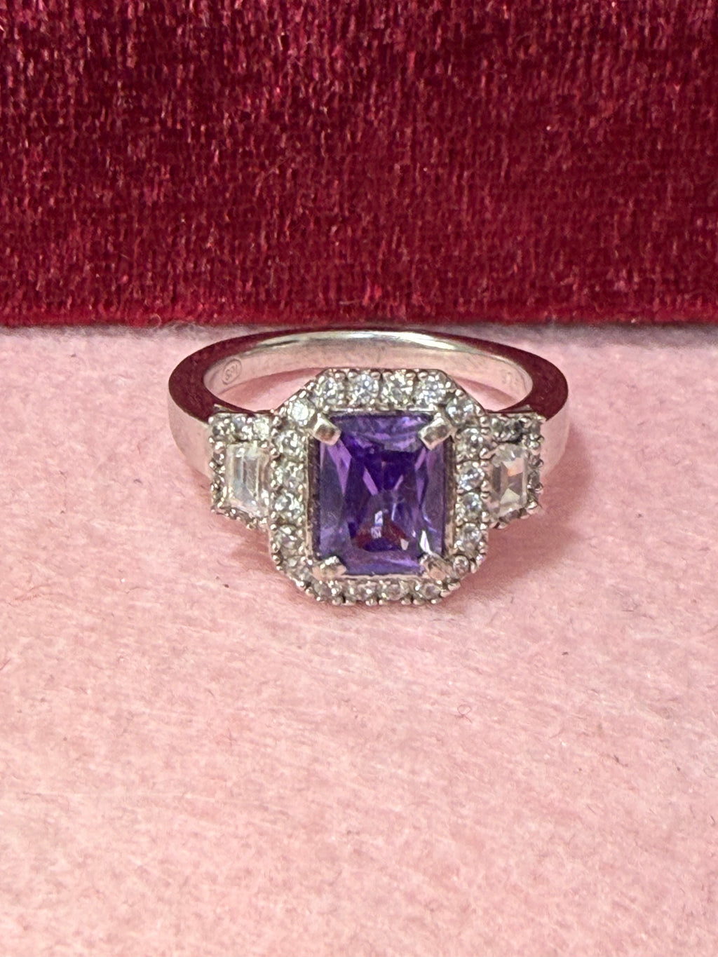 925 Sterling Silver Purple Emerald-Cut Statement Halo Ring – Size 8