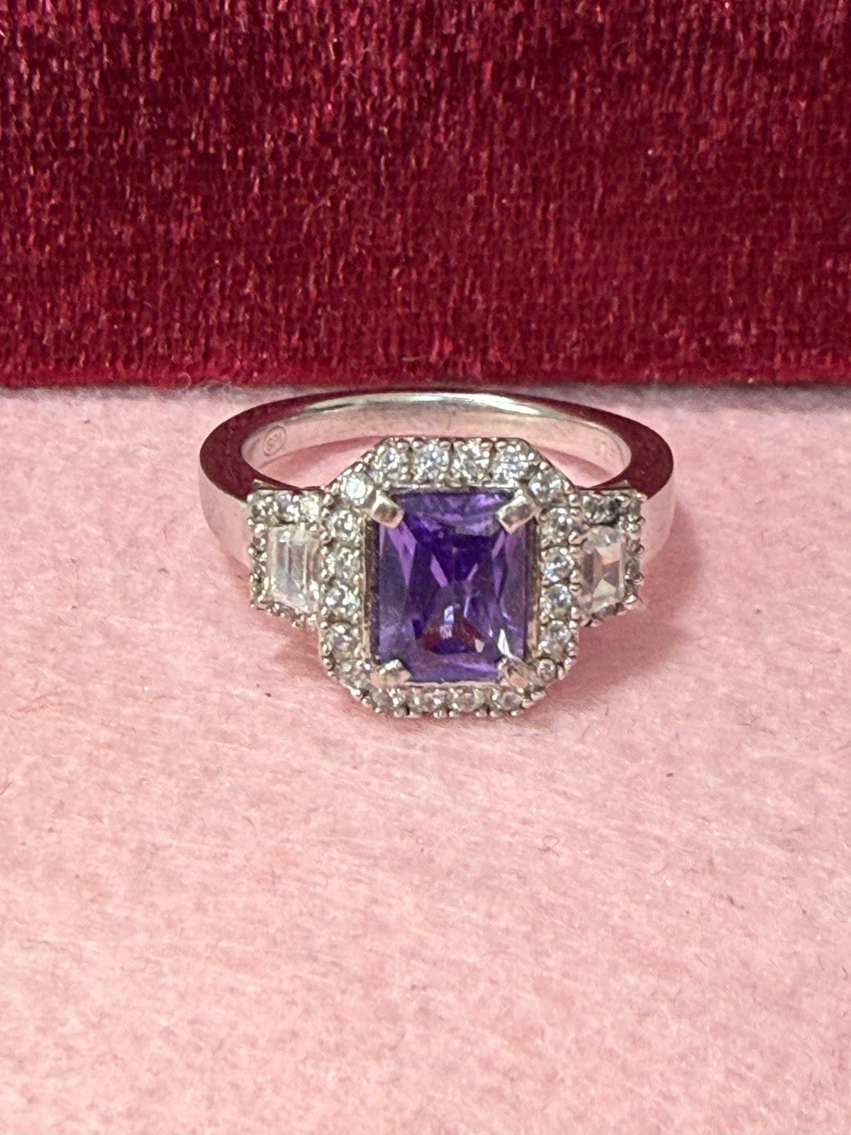 925 Sterling Silver Purple Emerald-Cut Statement Halo Ring – Size 8