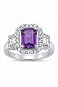 925 Sterling Silver Purple Emerald-Cut Statement Halo Ring – Size 8