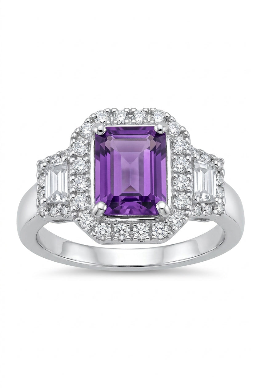 925 Sterling Silver Purple Emerald-Cut Statement Halo Ring – Size 8
