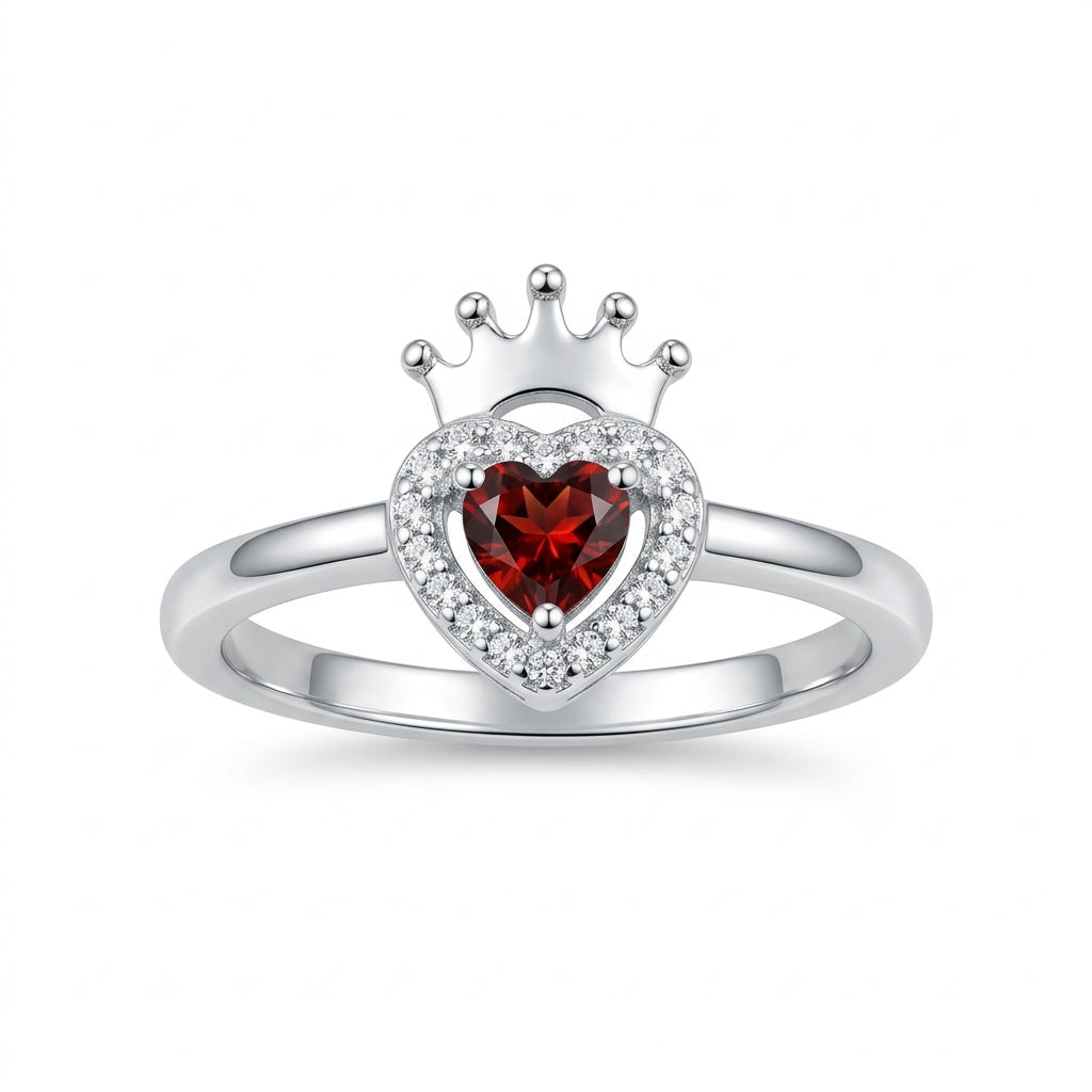 925 Sterling Silver Red Heart Crown Ring – Size 7