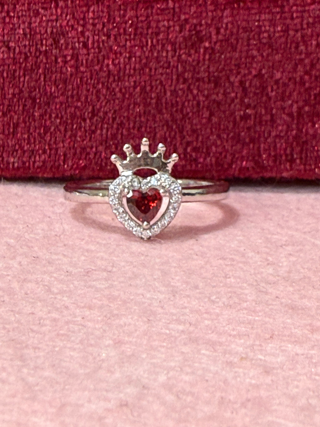 925 Sterling Silver Red Heart Crown Ring – Size 7