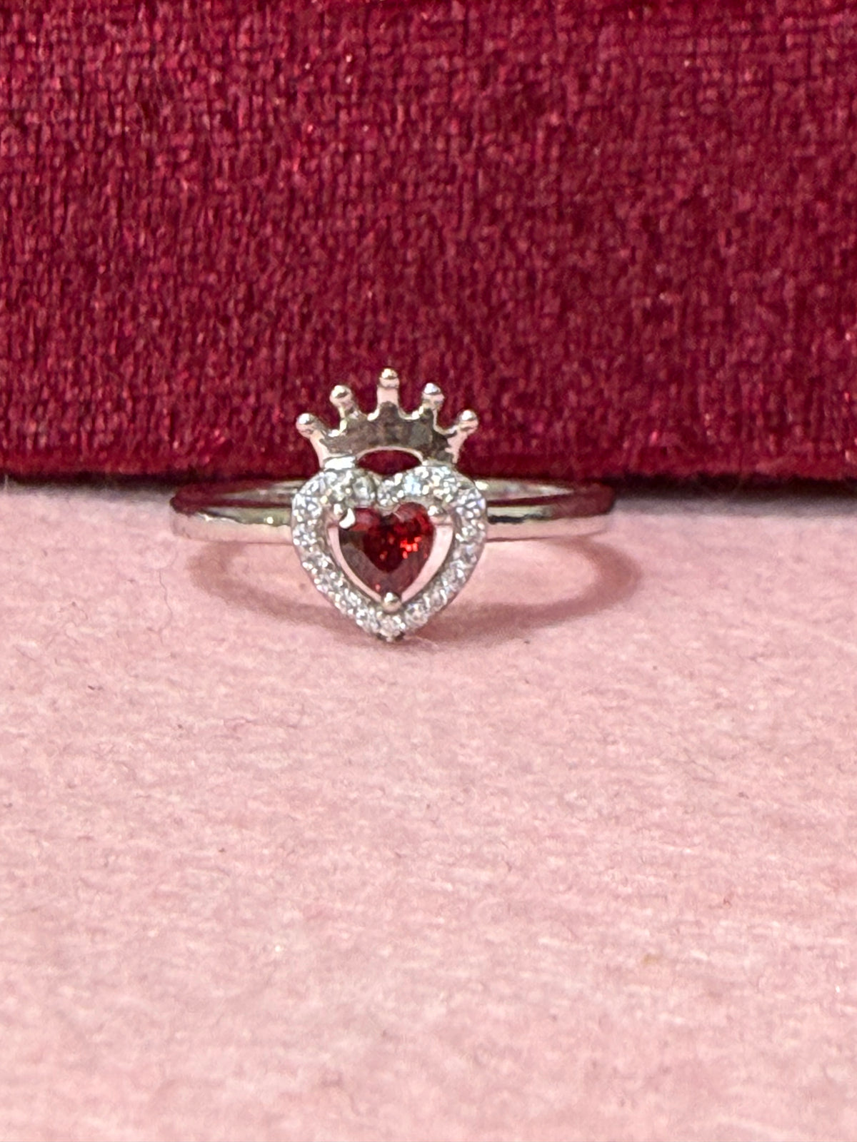 925 Sterling Silver Red Heart Crown Ring – Size 7