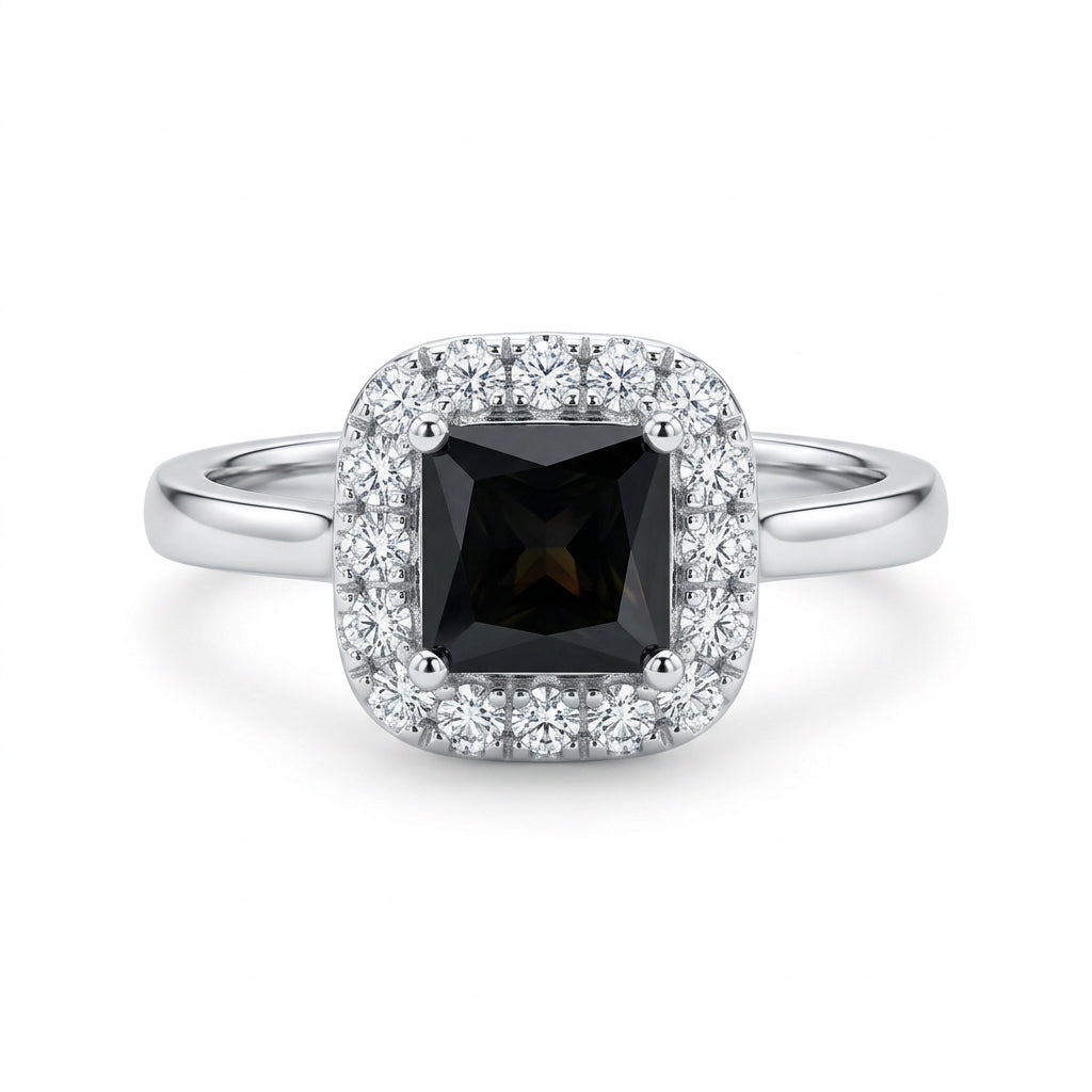 925 Sterling Silver Black Princess-Cut Halo Ring – Size 8