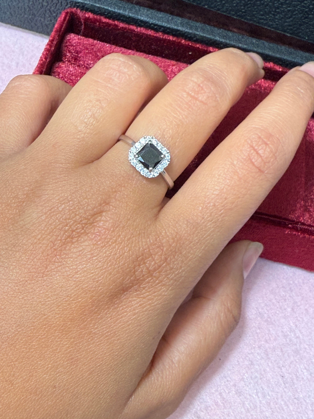 925 Sterling Silver Black Princess-Cut Halo Ring – Size 8