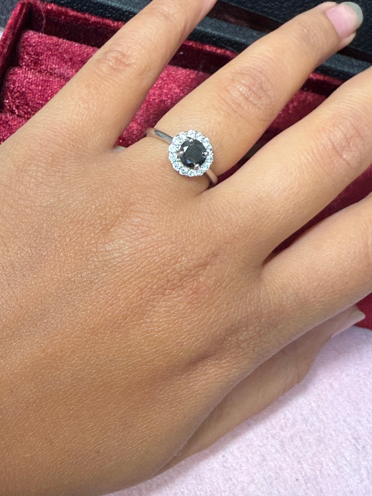 925 Sterling Silver Black Round Halo Ring – Size 7