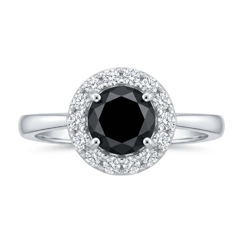 925 Sterling Silver Black Round Halo Ring – Size 7