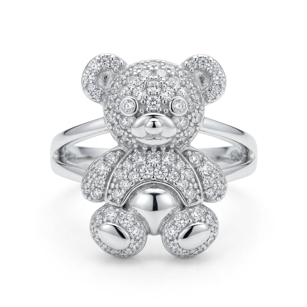 925 Sterling Silver Sparkling Teddy Bear Ring – Size 8