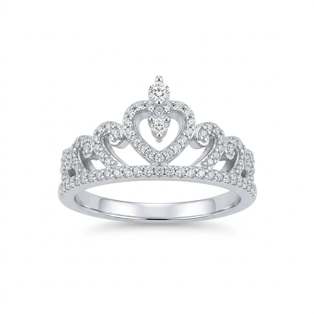925 Sterling Silver Sparkling Heart Crown Ring – Size 9