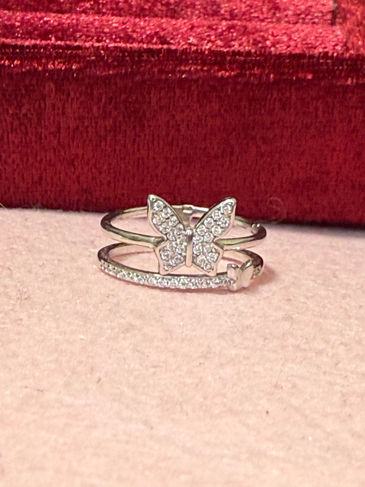 925 Sterling Silver Sparkling Butterfly Double Band Ring – Size 8