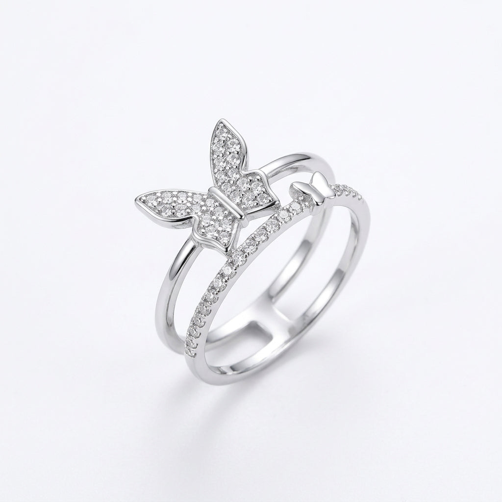 925 Sterling Silver Sparkling Butterfly Double Band Ring – Size 8