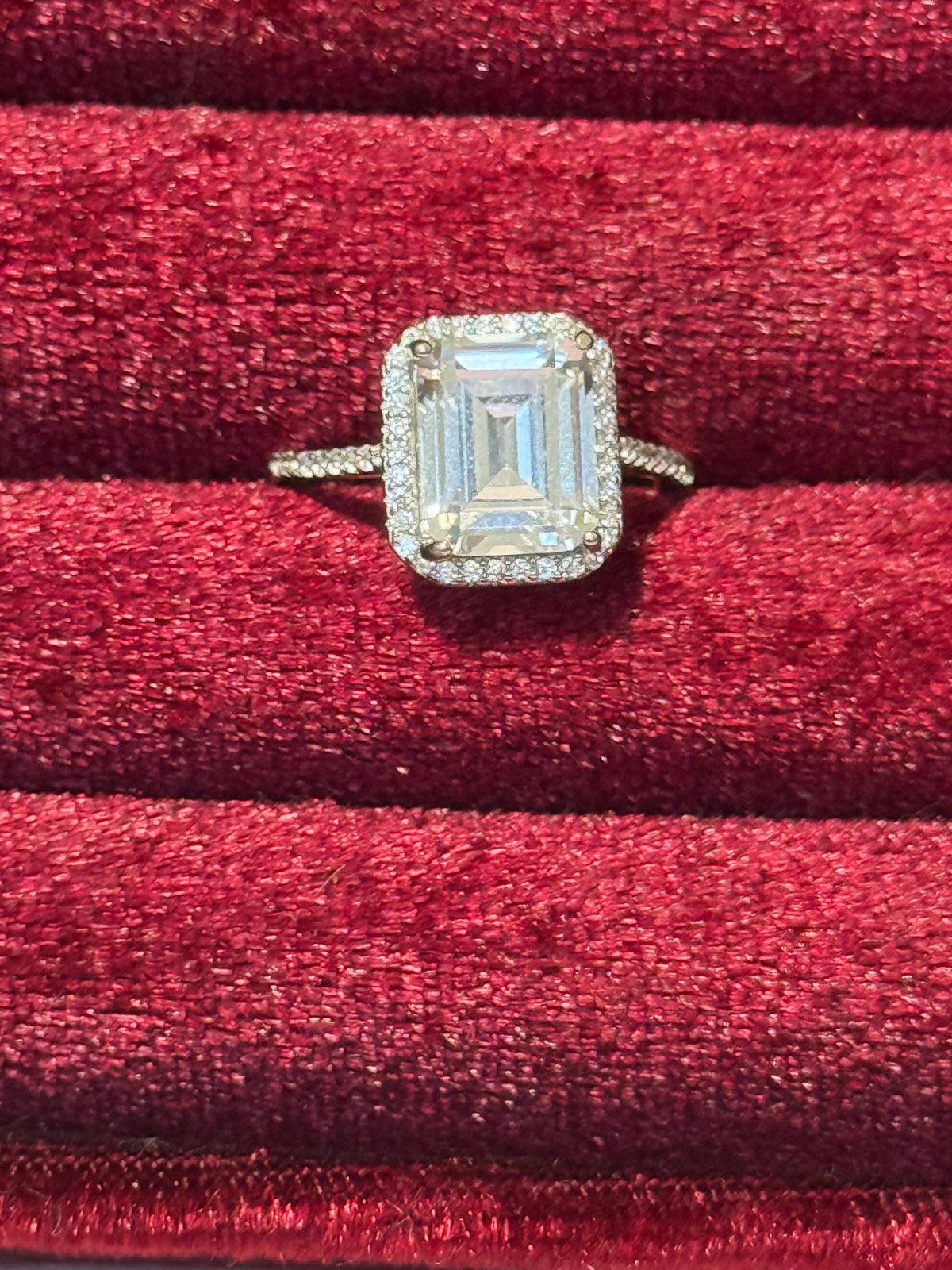 925 Sterling Silver Emerald-Cut Clear Stone Halo Ring – Size 6