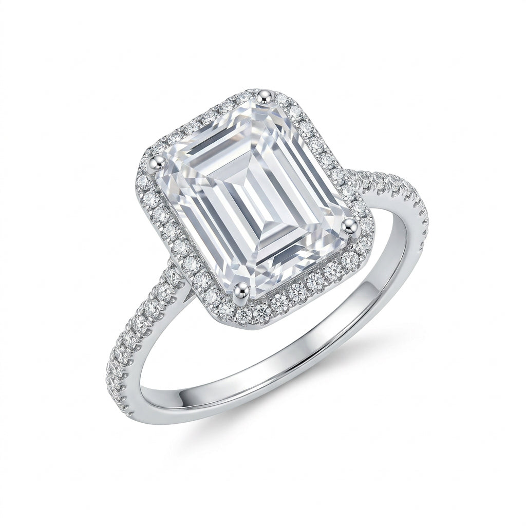925 Sterling Silver Emerald-Cut Clear Stone Halo Ring – Size 6