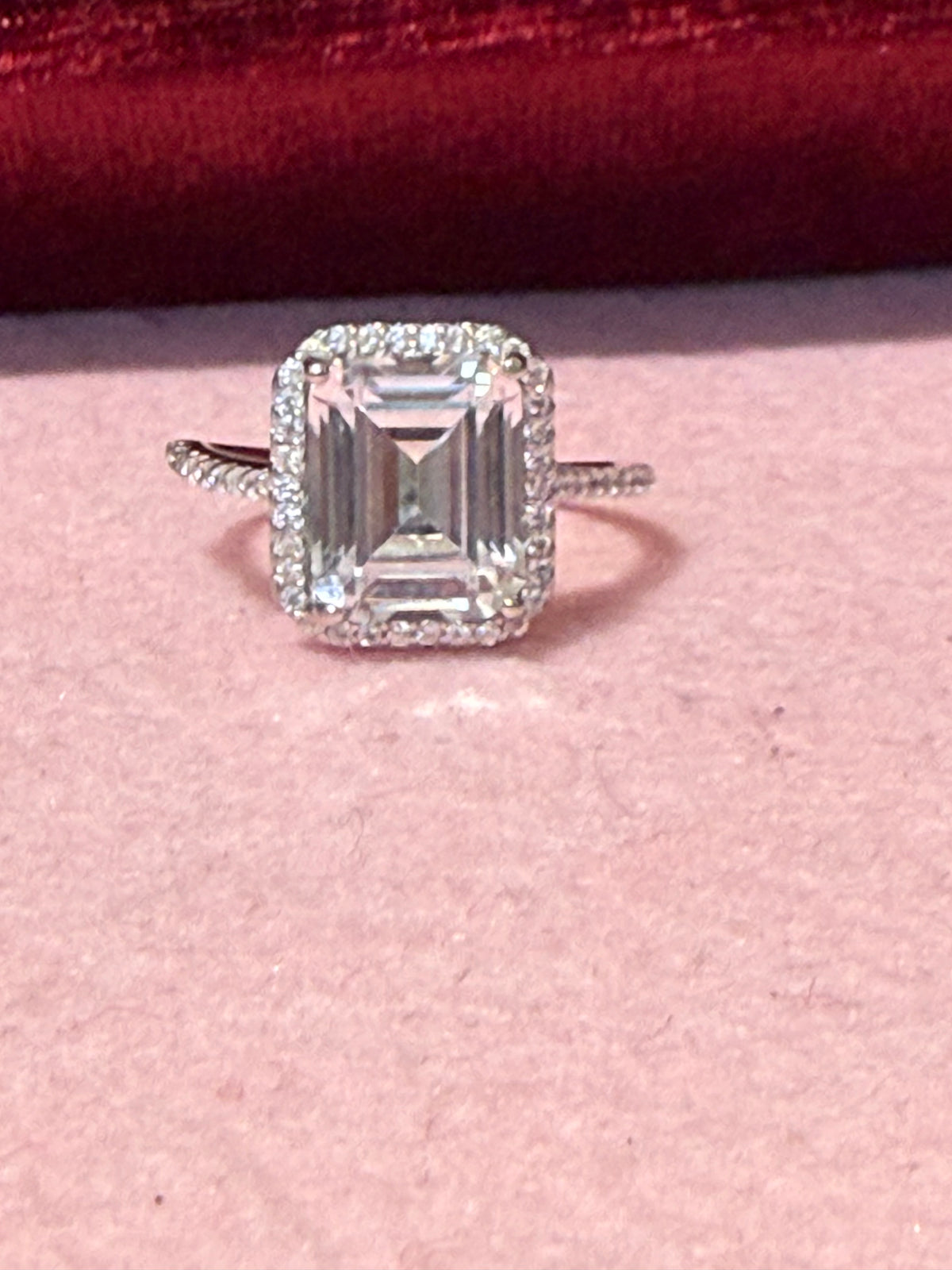 925 Sterling Silver Emerald-Cut Clear Stone Halo Ring – Size 6