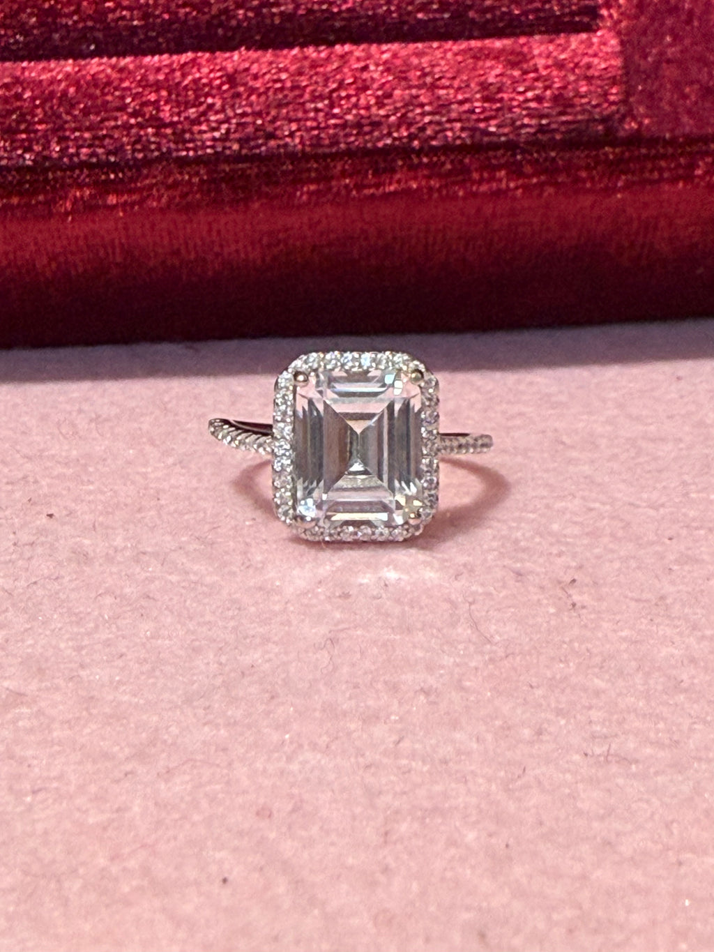 925 Sterling Silver Emerald-Cut Clear Stone Halo Ring – Size 6