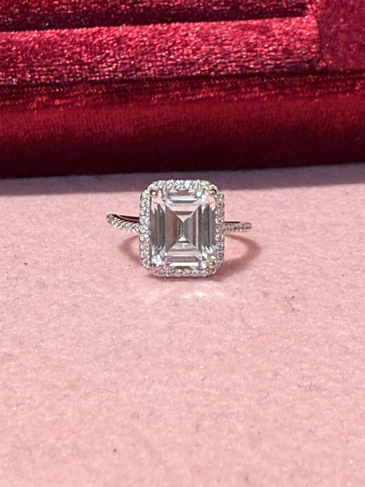 925 Sterling Silver Emerald-Cut Clear Stone Halo Ring – Size 6