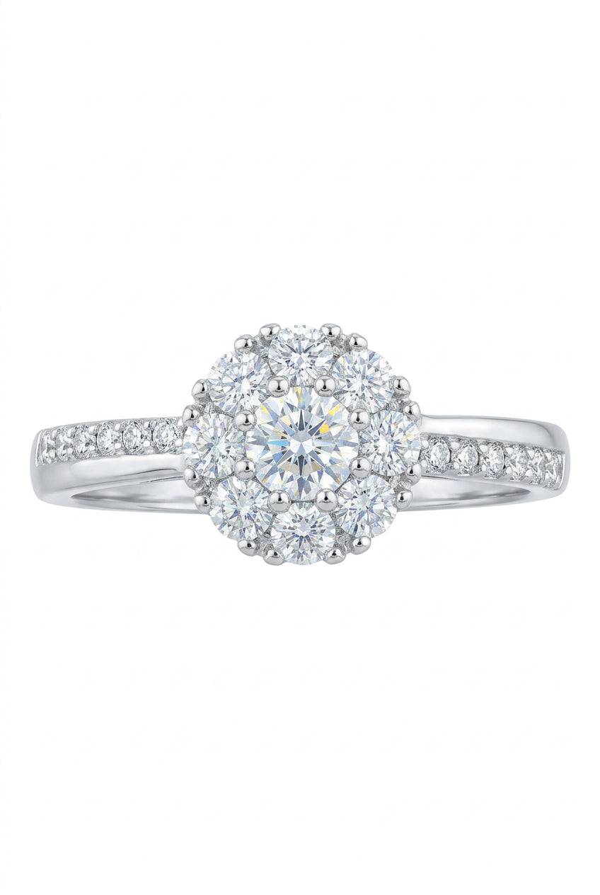 925 Sterling Silver Round Halo Ring with Clear Stones – Size 8